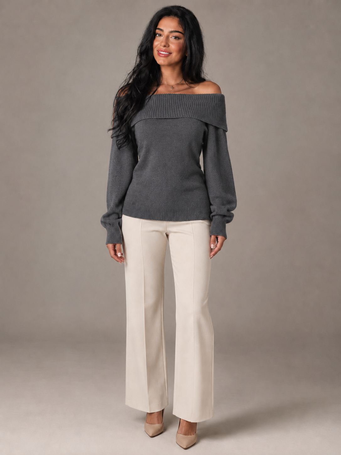 Maglione Donna Spalle Scoperte Collo Ripiegato Aderente