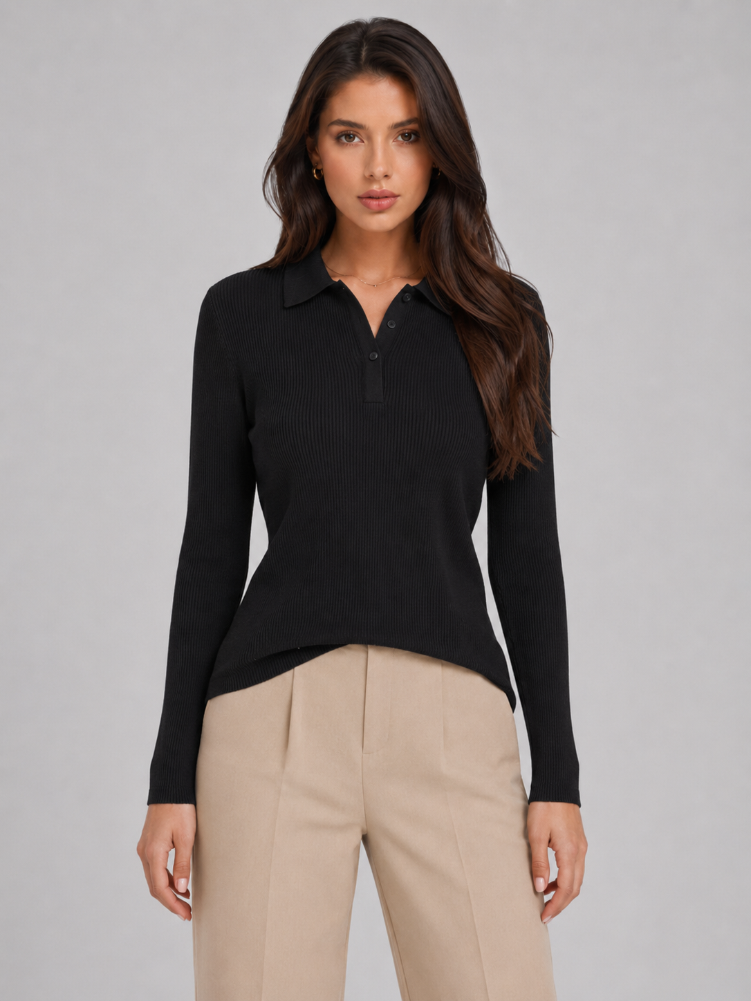 Polo Donna in Maglia a Coste Aderente Autunnale