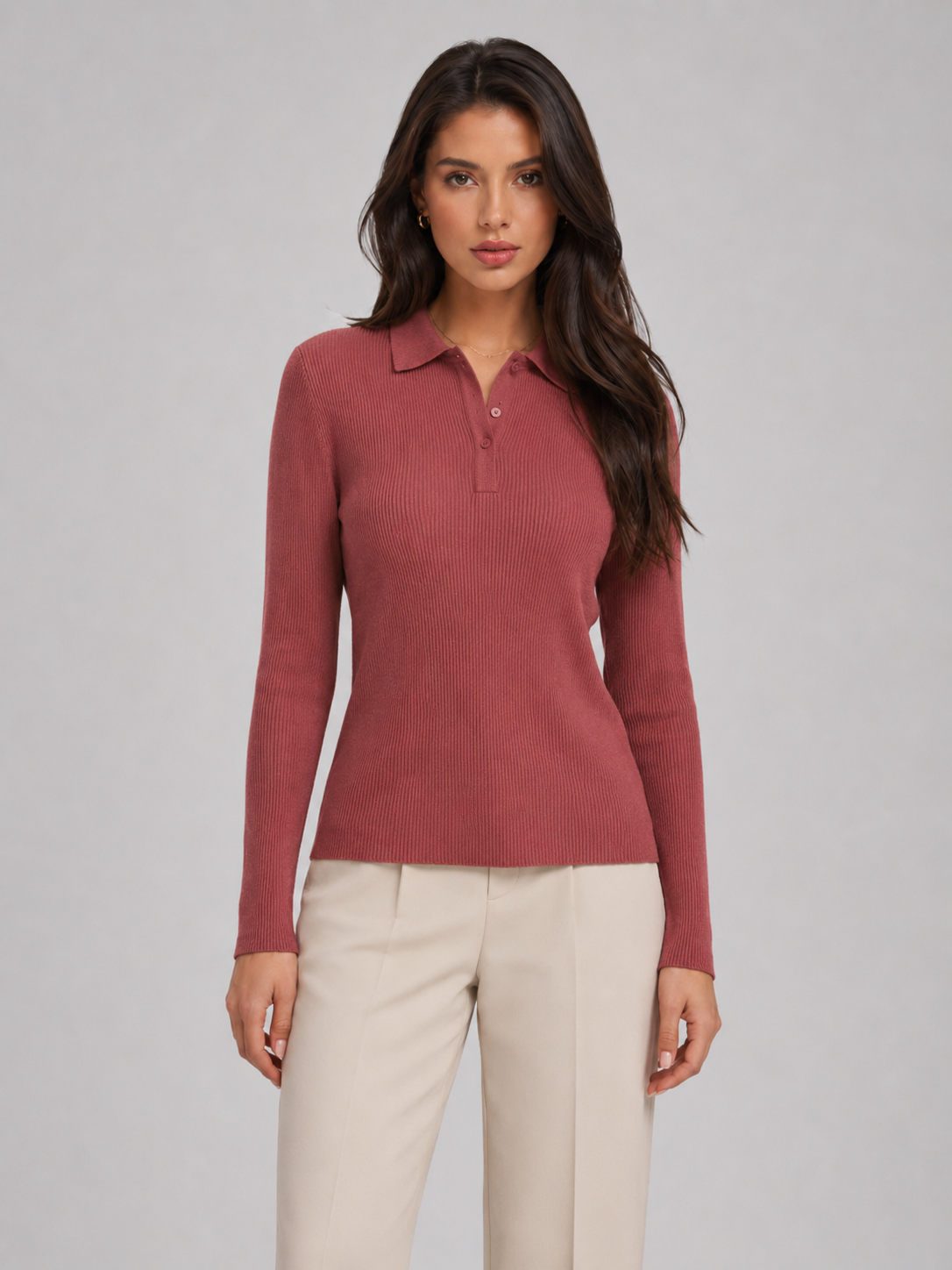 Polo Donna in Maglia a Coste Aderente Autunnale