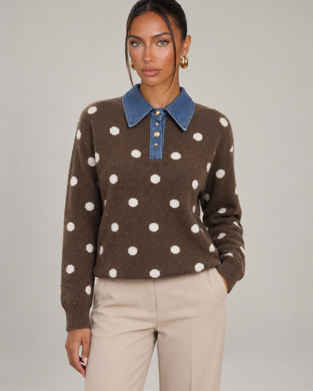 Maglione Donna a Pois con Colletto in Denim Bottoni Dorati