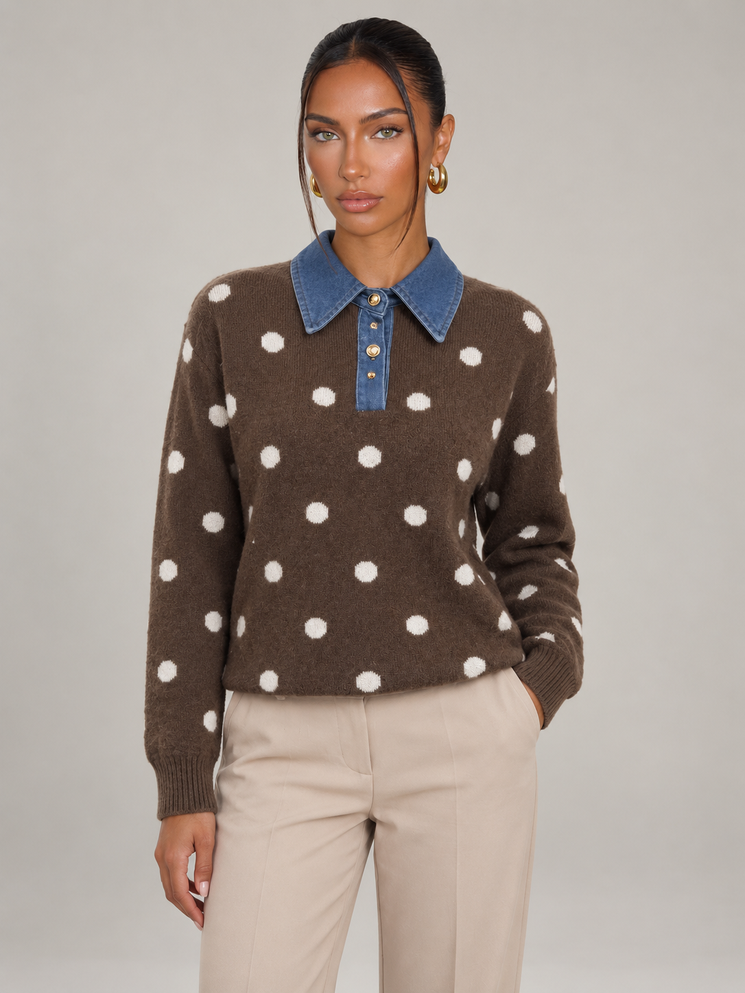 Maglione Donna a Pois con Colletto in Denim Bottoni Dorati