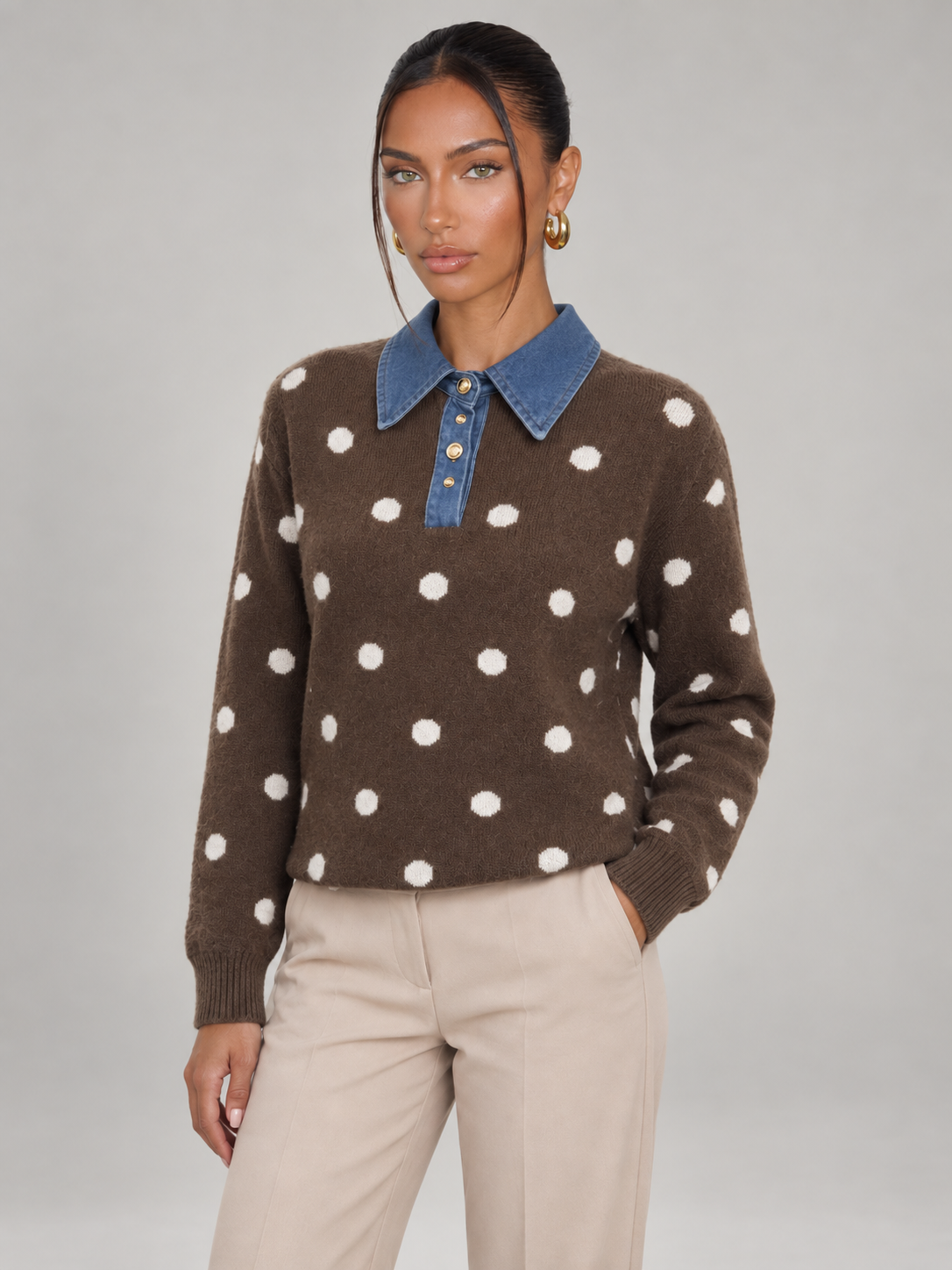 Maglione Donna a Pois con Colletto in Denim Bottoni Dorati