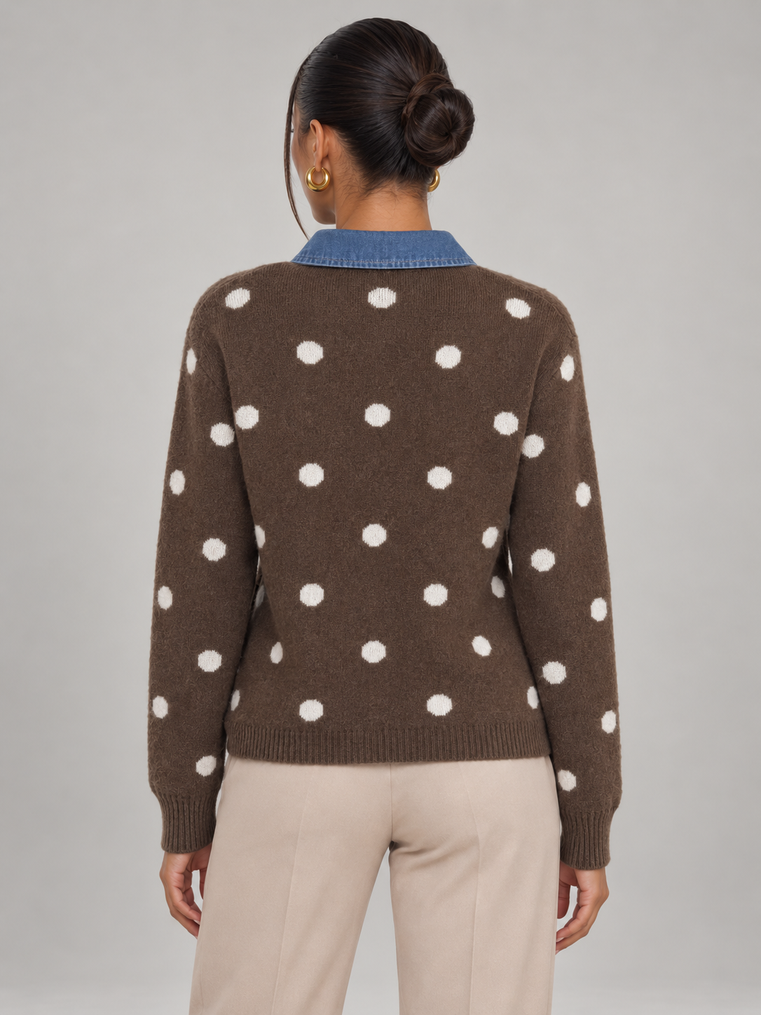 Maglione Donna a Pois con Colletto in Denim Bottoni Dorati