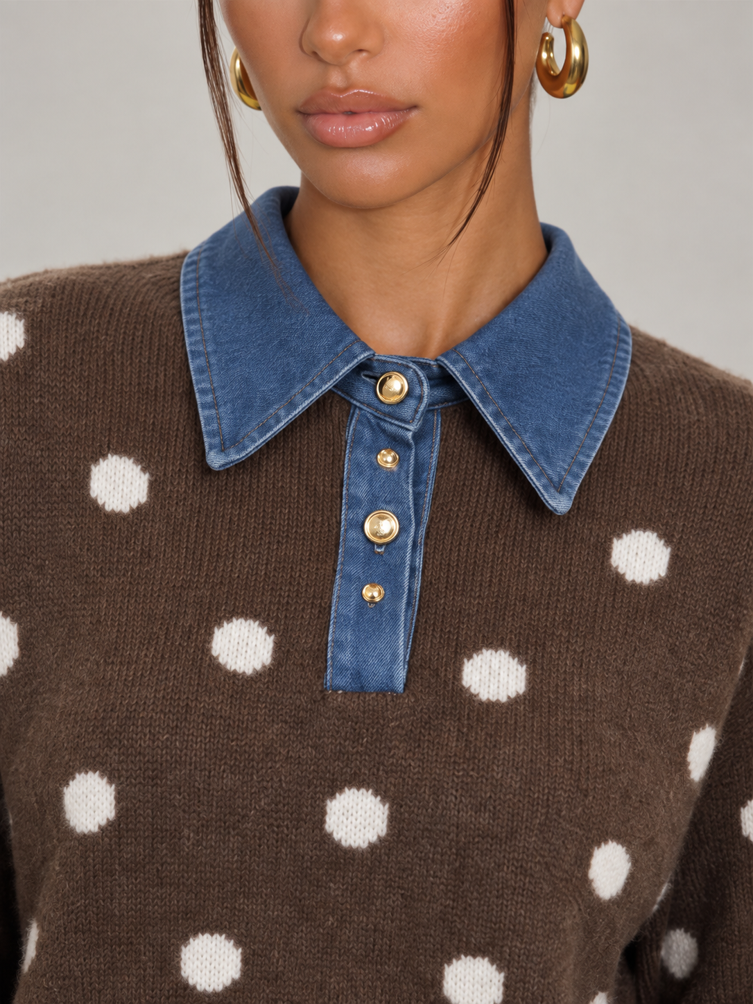 Maglione Donna a Pois con Colletto in Denim Bottoni Dorati