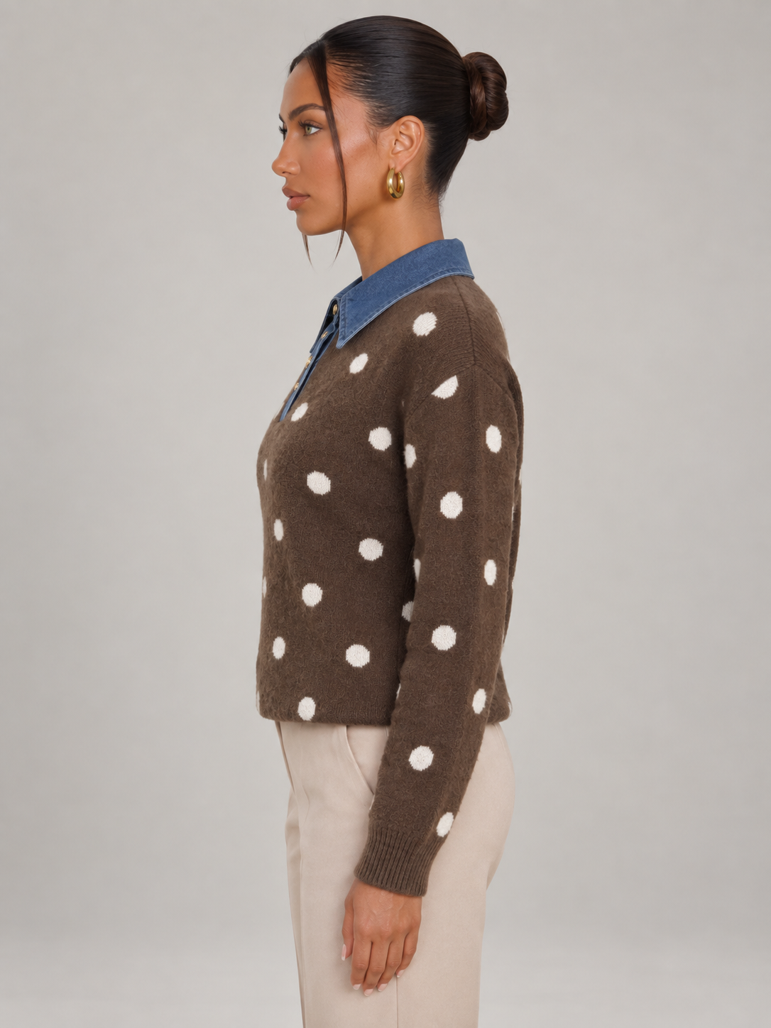 Maglione Donna a Pois con Colletto in Denim Bottoni Dorati