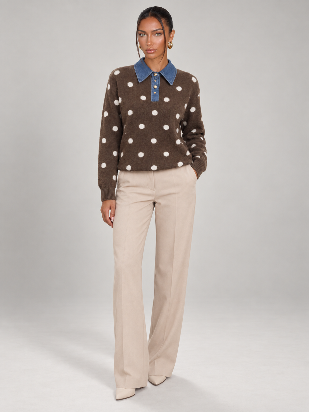 Maglione Donna a Pois con Colletto in Denim Bottoni Dorati
