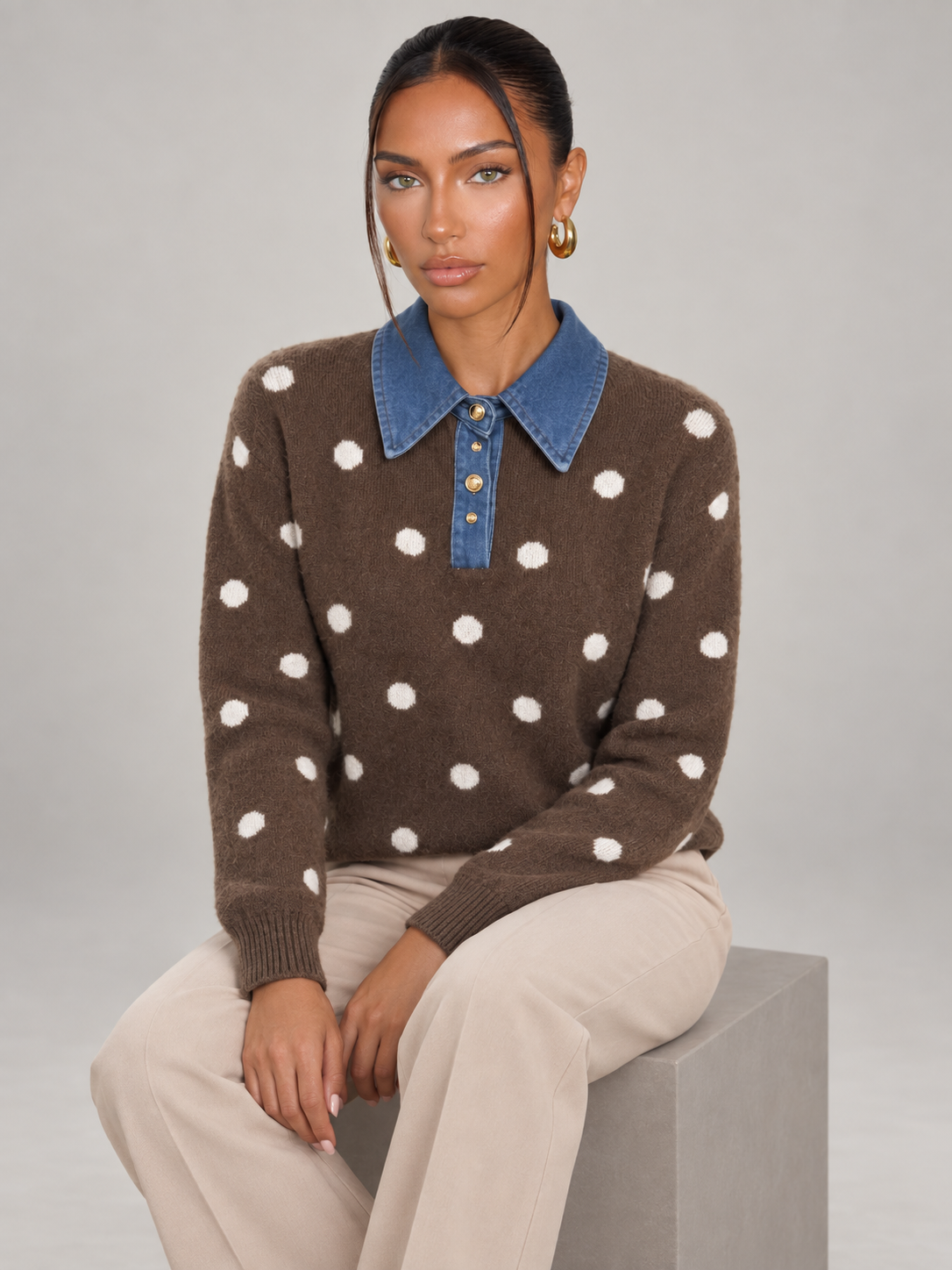 Maglione Donna a Pois con Colletto in Denim Bottoni Dorati