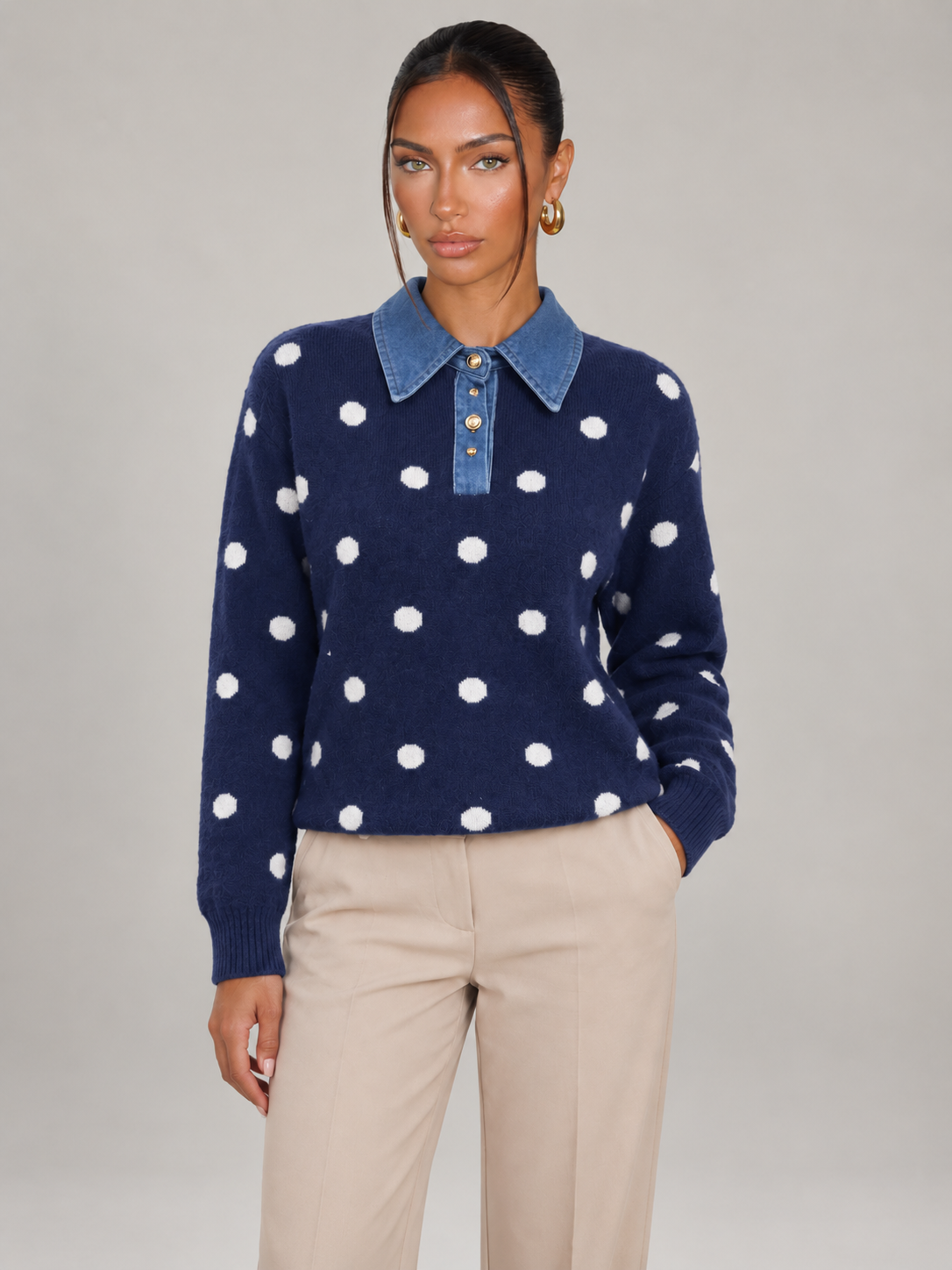 Maglione Donna a Pois con Colletto in Denim Bottoni Dorati