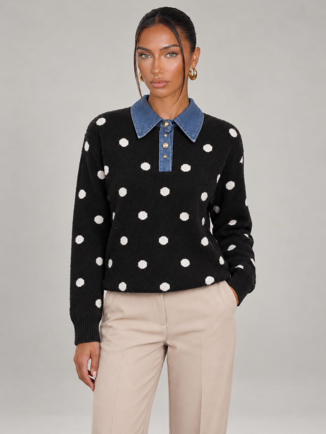 Maglione Donna a Pois con Colletto in Denim Bottoni Dorati