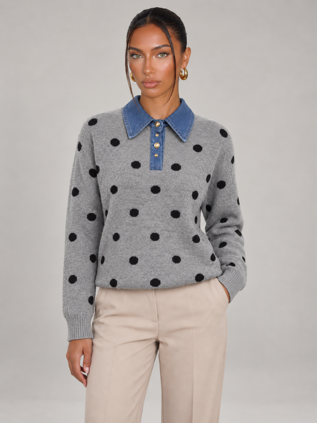 Maglione Donna a Pois con Colletto in Denim Bottoni Dorati