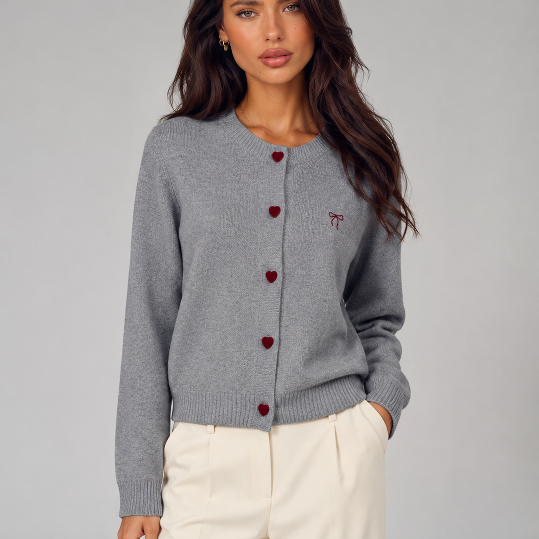 Cardigan Donna in Maglia Bottoni a Cuore e Ricamo Fiocco