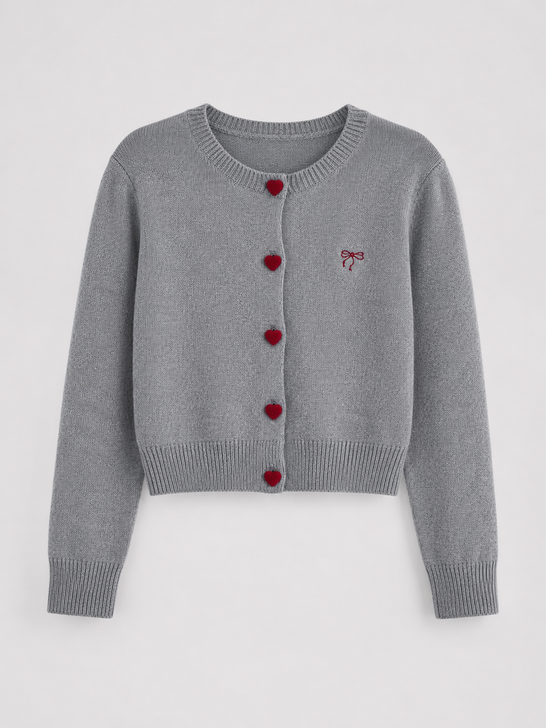 Cardigan Donna in Maglia Bottoni a Cuore e Ricamo Fiocco