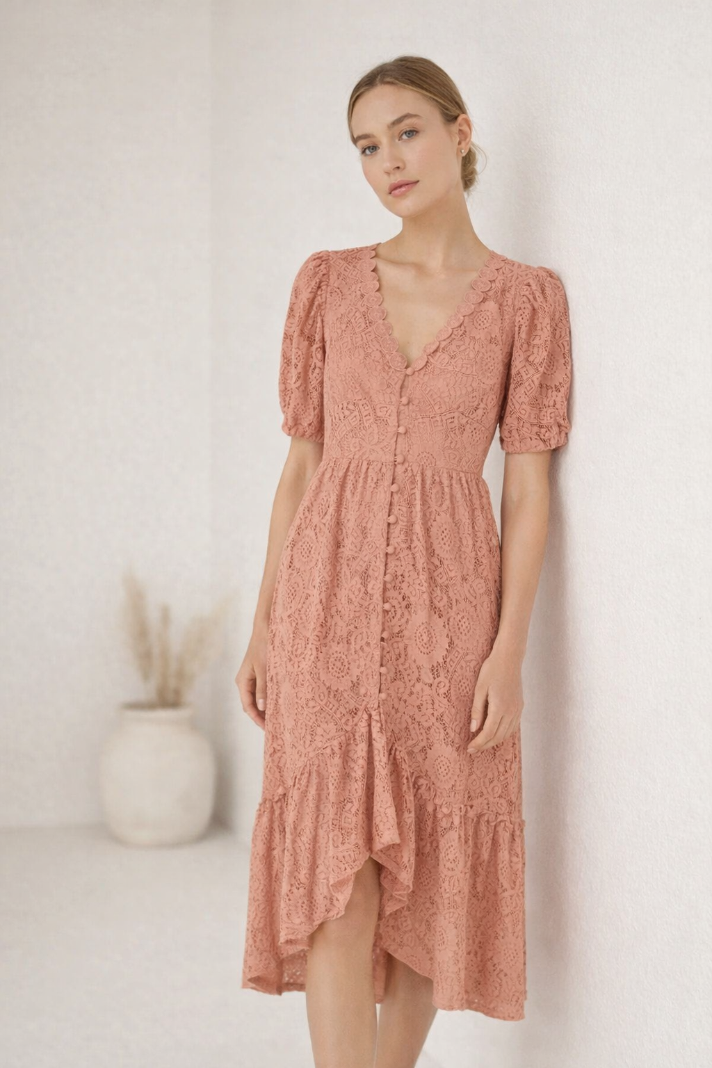 Aurazio Vestito di Pizzo con Scollo a V da Donna