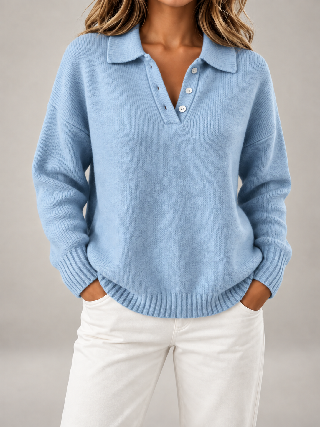 Maglione Polo Donna in Maglia Spazzolata Colletto Bottoni Taglie Forti