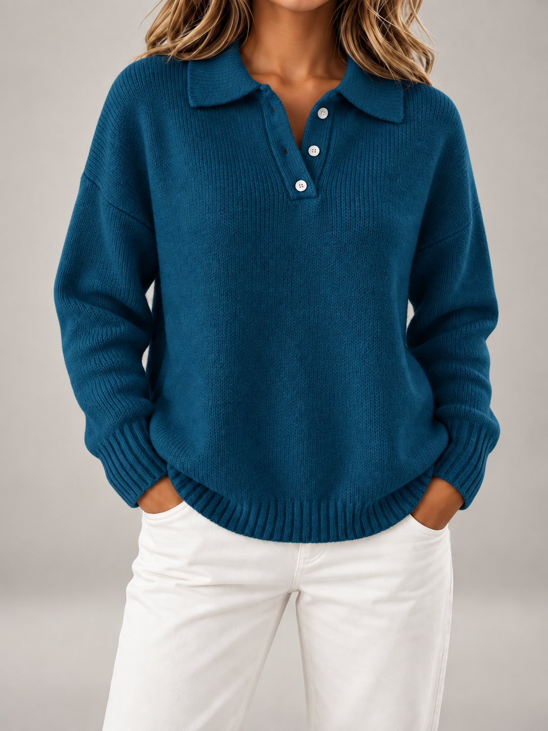 Maglione Polo Donna in Maglia Spazzolata Colletto Bottoni Taglie Forti