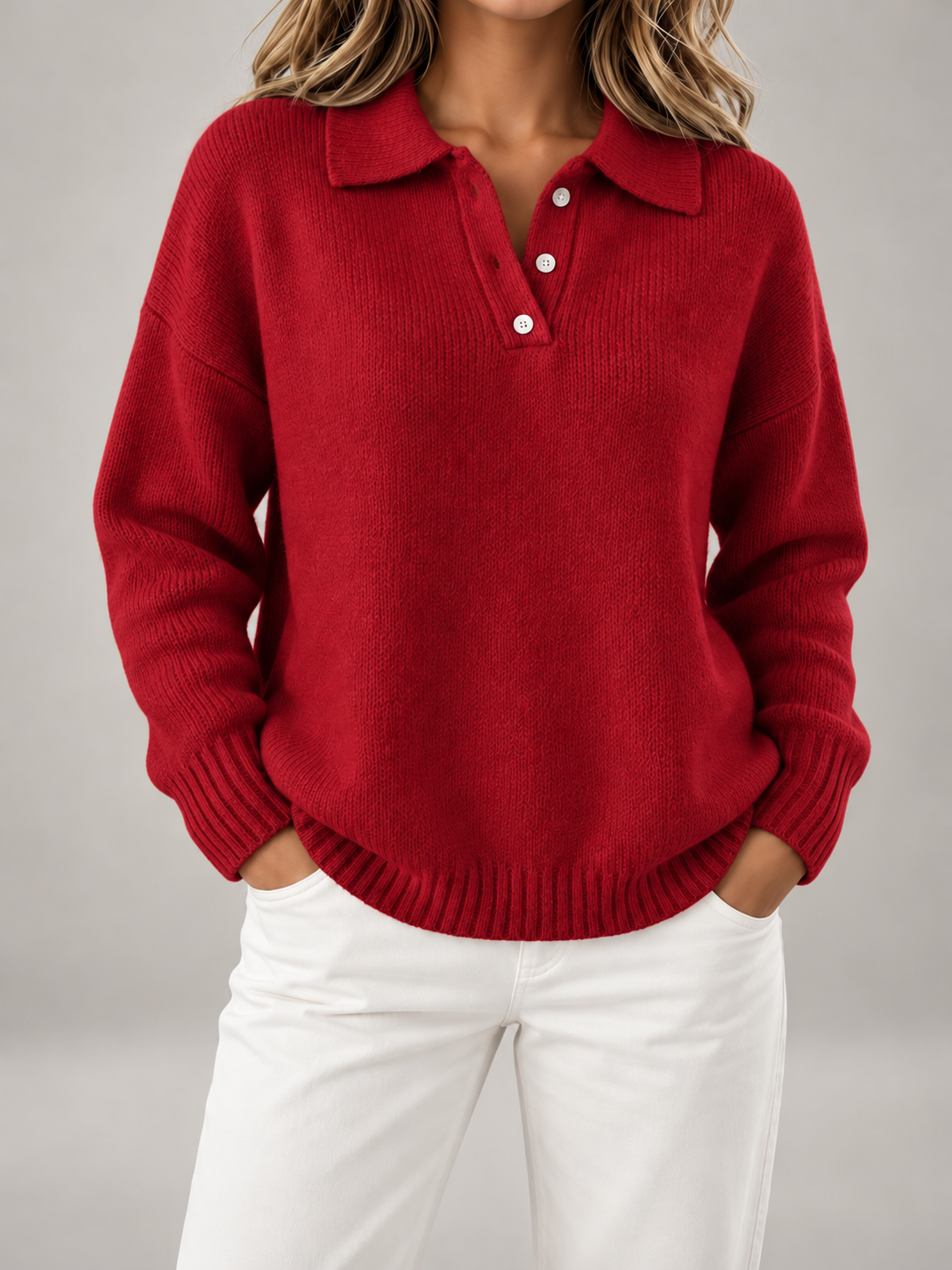 Maglione Polo Donna in Maglia Spazzolata Colletto Bottoni Taglie Forti
