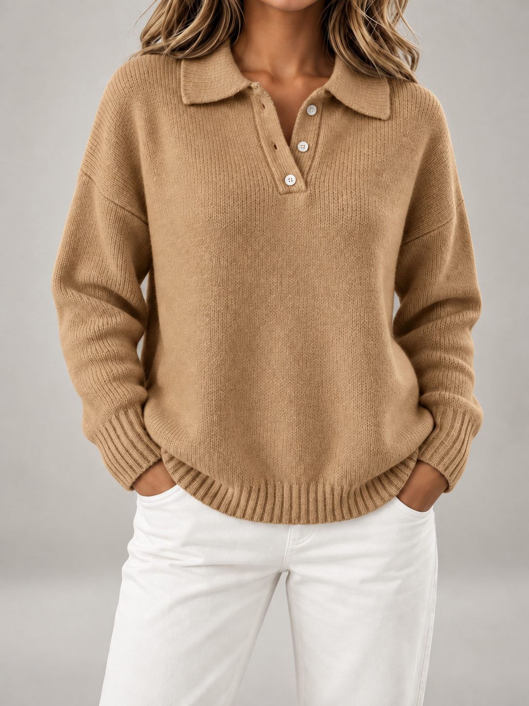 Maglione Polo Donna in Maglia Spazzolata Colletto Bottoni Taglie Forti