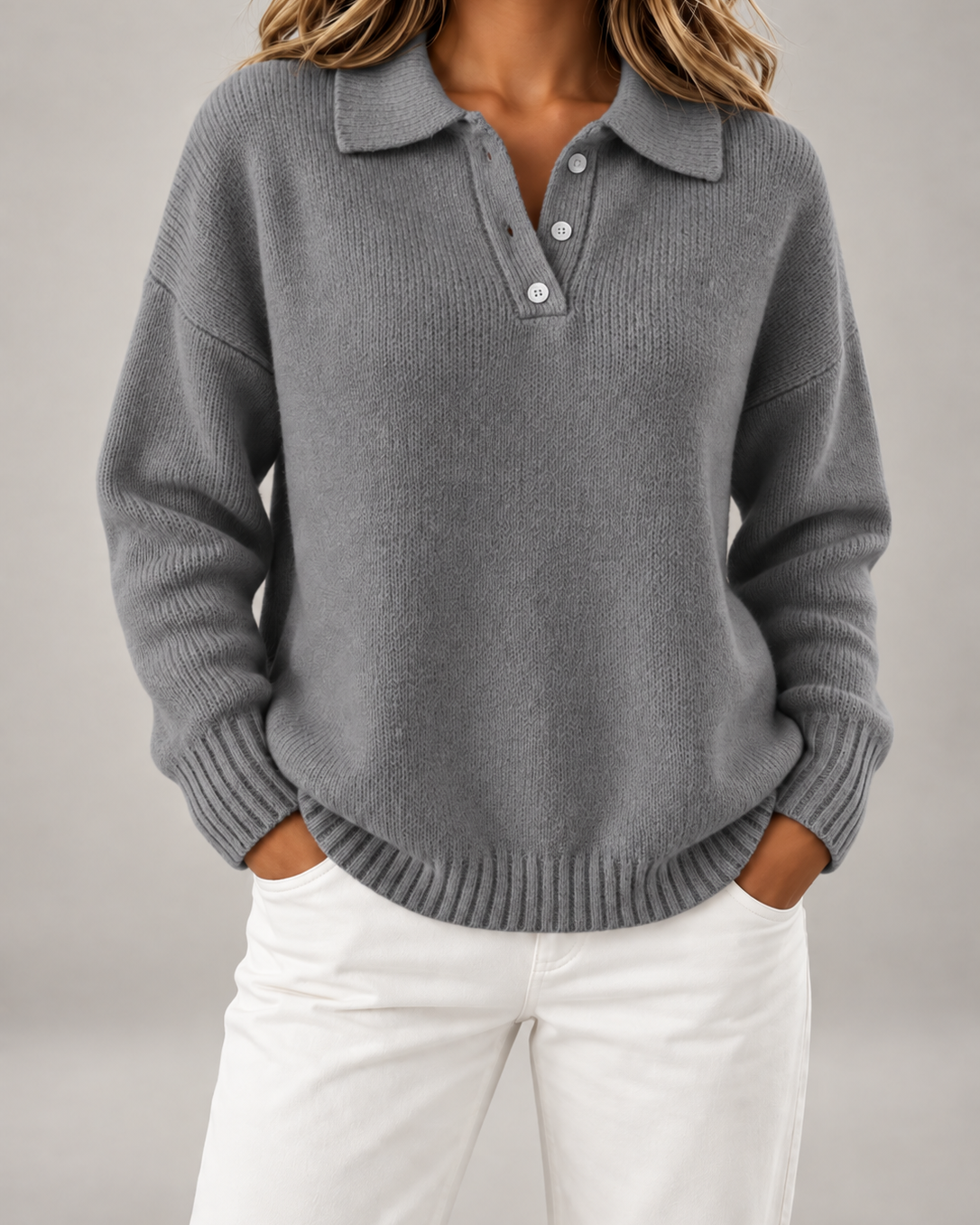 Maglione Polo Donna in Maglia Spazzolata Colletto Bottoni Taglie Forti