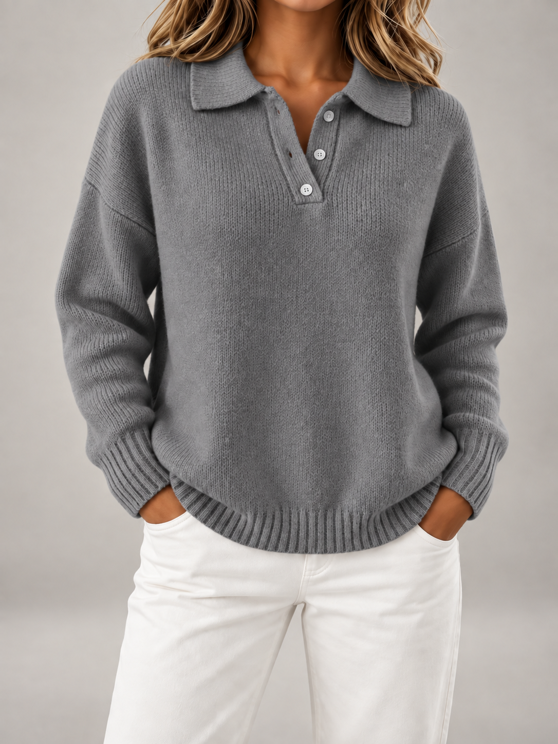 Maglione Polo Donna in Maglia Spazzolata Colletto Bottoni Taglie Forti