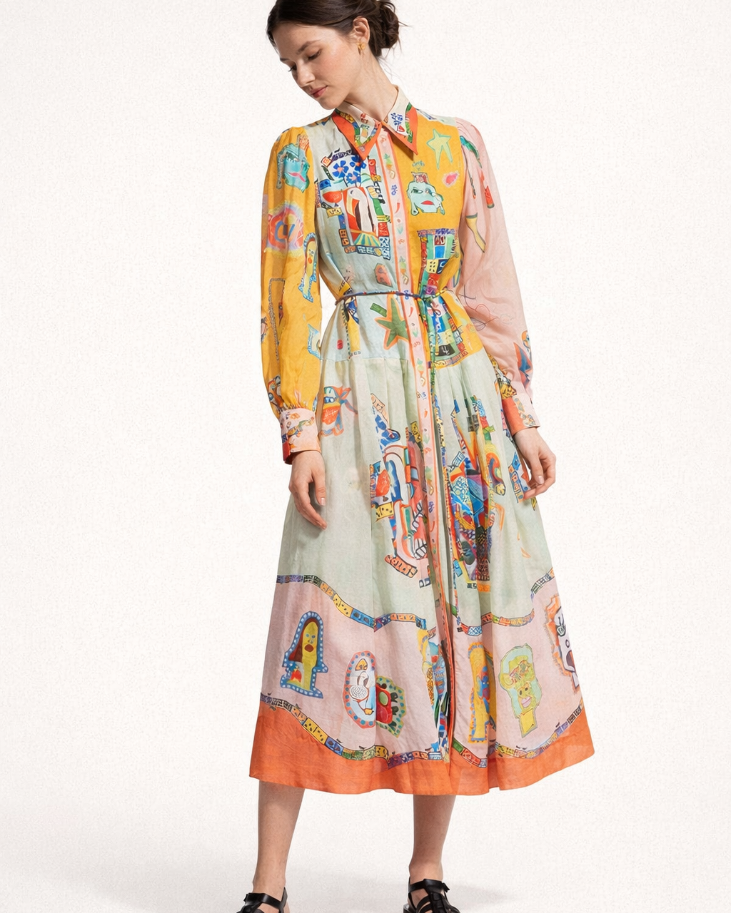 Vestito Chemisier Midi Donna Stampa Colorblock
