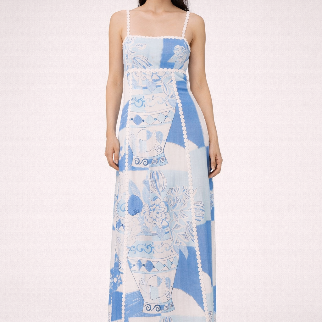 Aurazio Vestito Maxi Stampato con Pizzo e Spalline da Donna
