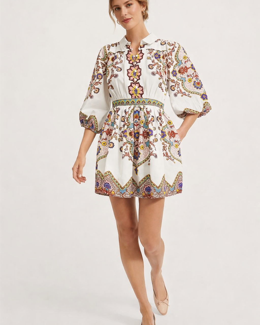 Vestito Mini Donna Chemisier Stampato con Bottoni