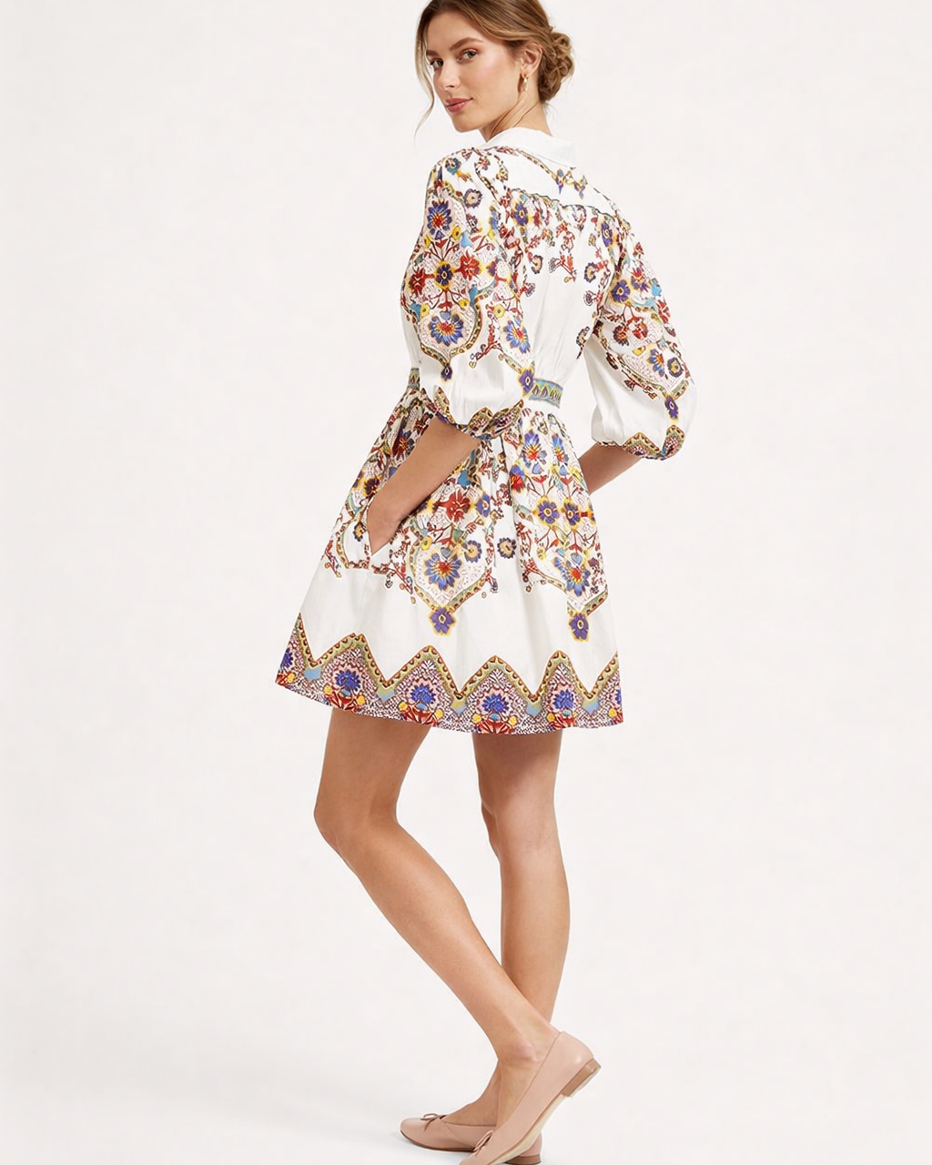Vestito Mini Donna Chemisier Stampato con Bottoni