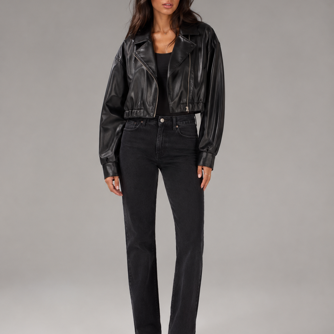 Giacca Biker Donna Corta Effetto Pelle Zip Asimmetrica