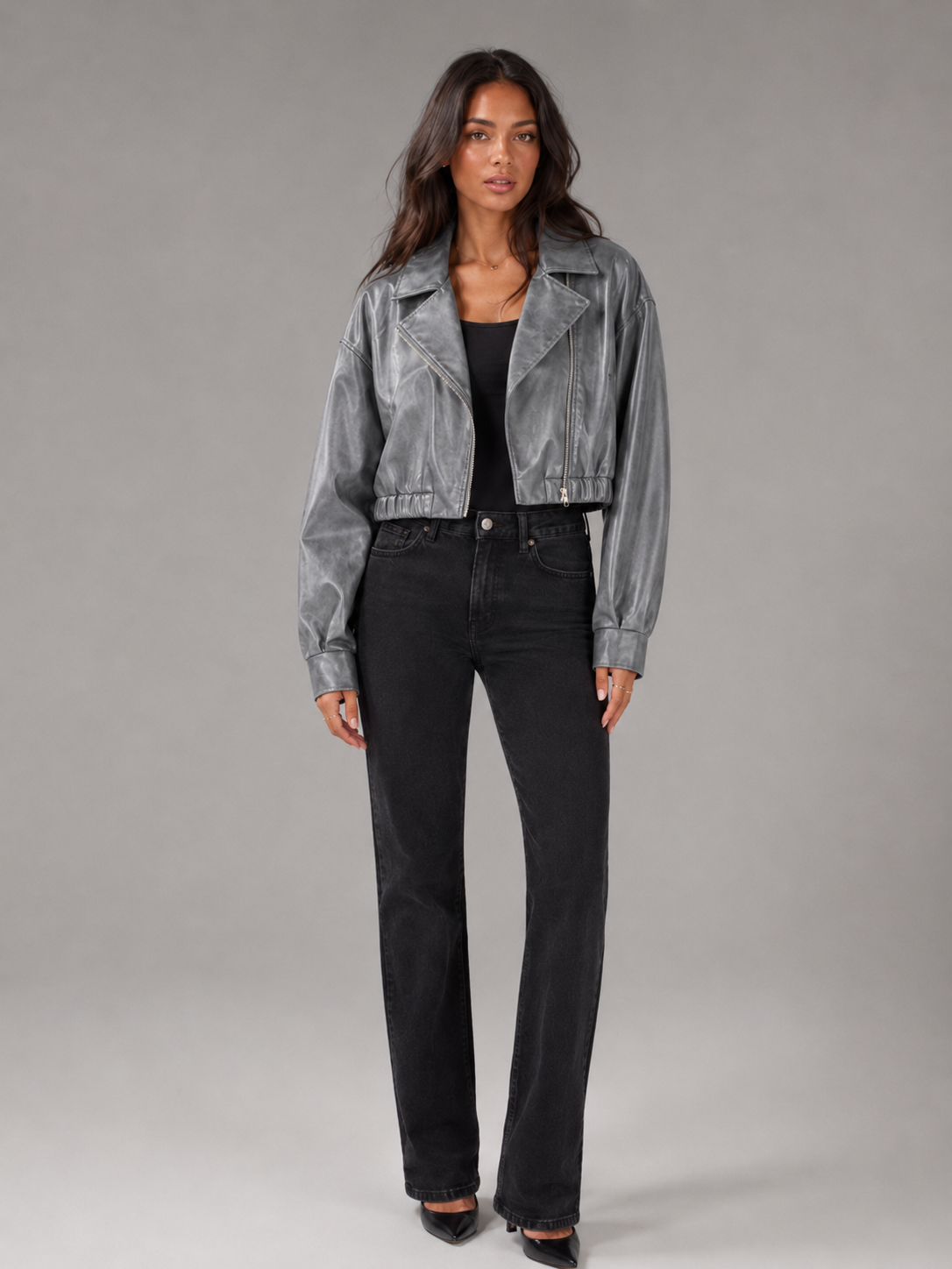 Giacca Biker Donna Corta Effetto Pelle Zip Asimmetrica