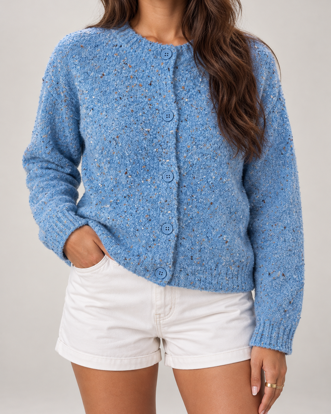 Cardigan Donna in Bouclé Puntinato Girocollo Maniche a Palloncino