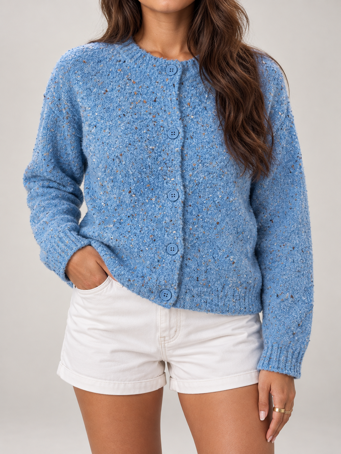 Cardigan Donna in Bouclé Puntinato Girocollo Maniche a Palloncino