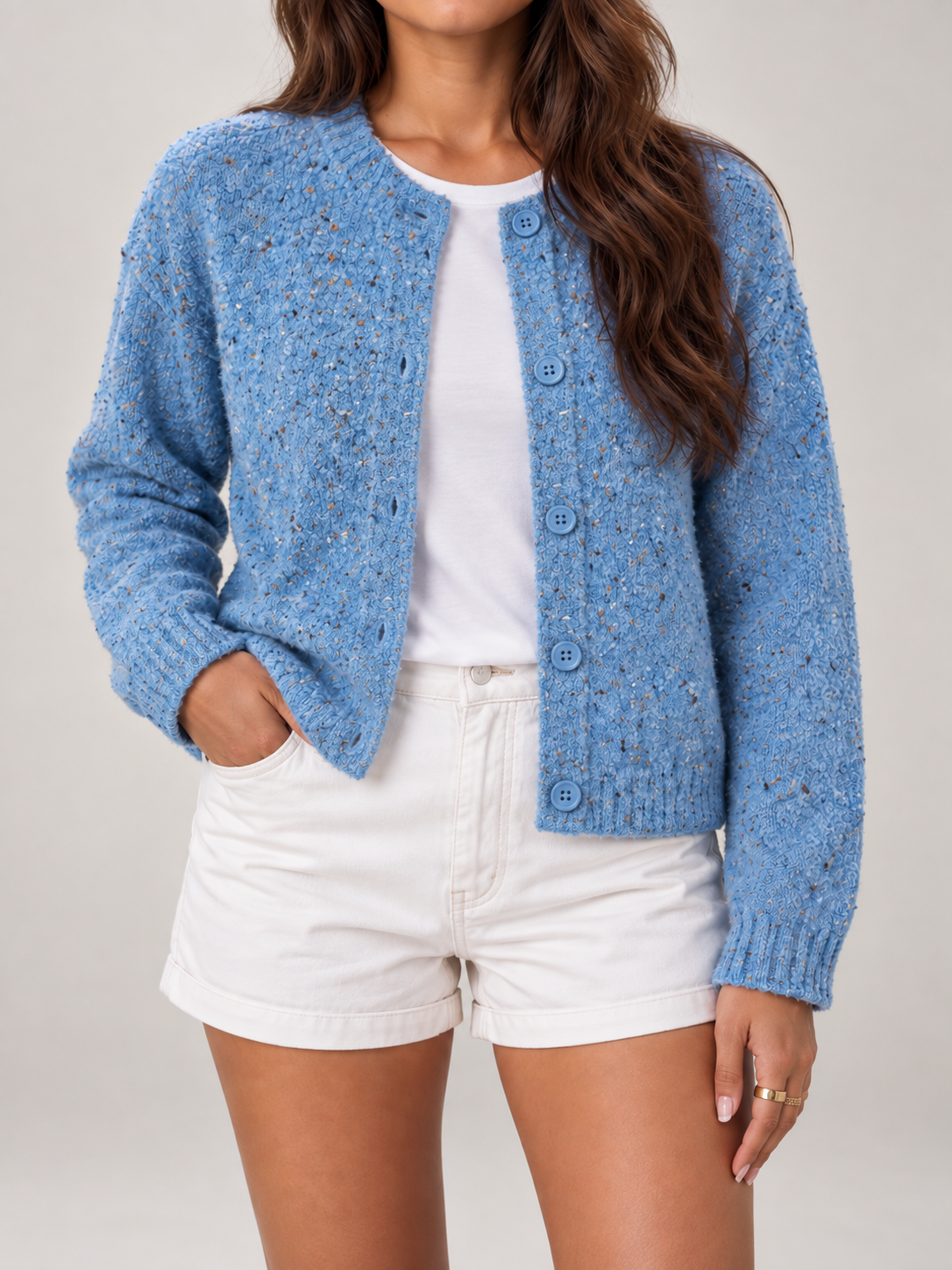 Cardigan Donna in Bouclé Puntinato Girocollo Maniche a Palloncino
