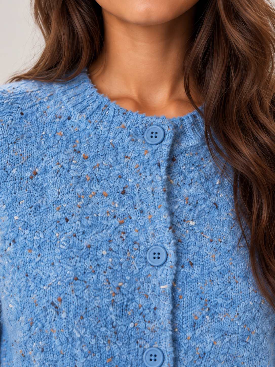 Cardigan Donna in Bouclé Puntinato Girocollo Maniche a Palloncino