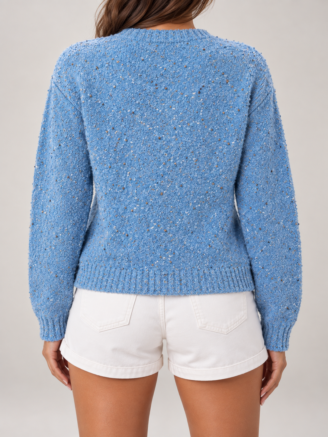Cardigan Donna in Bouclé Puntinato Girocollo Maniche a Palloncino