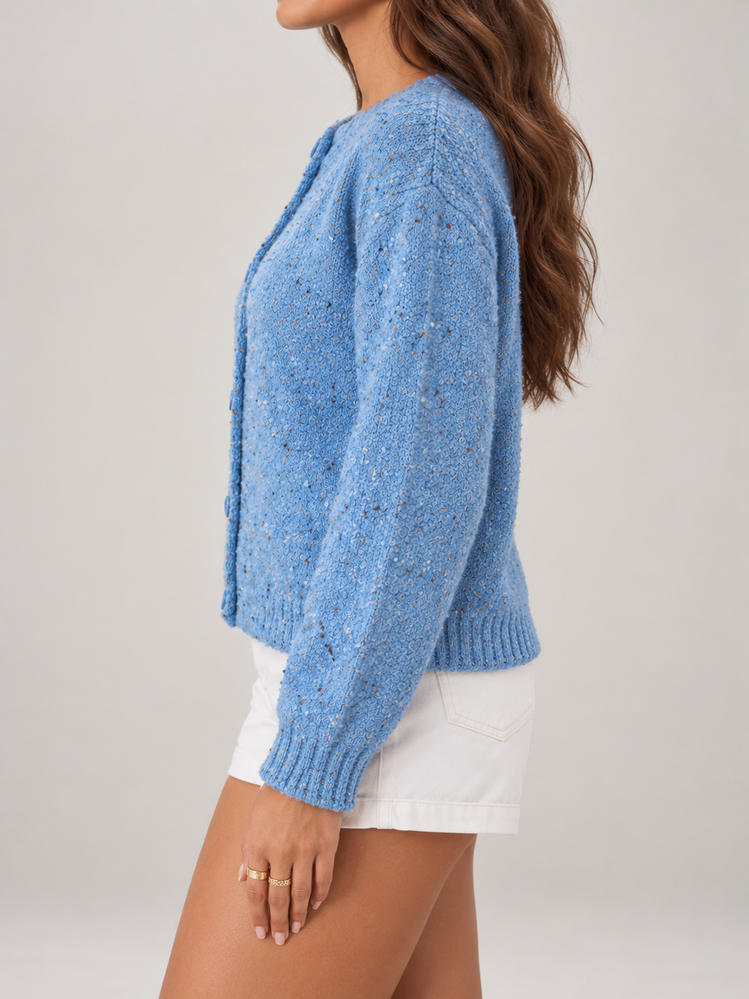 Cardigan Donna in Bouclé Puntinato Girocollo Maniche a Palloncino