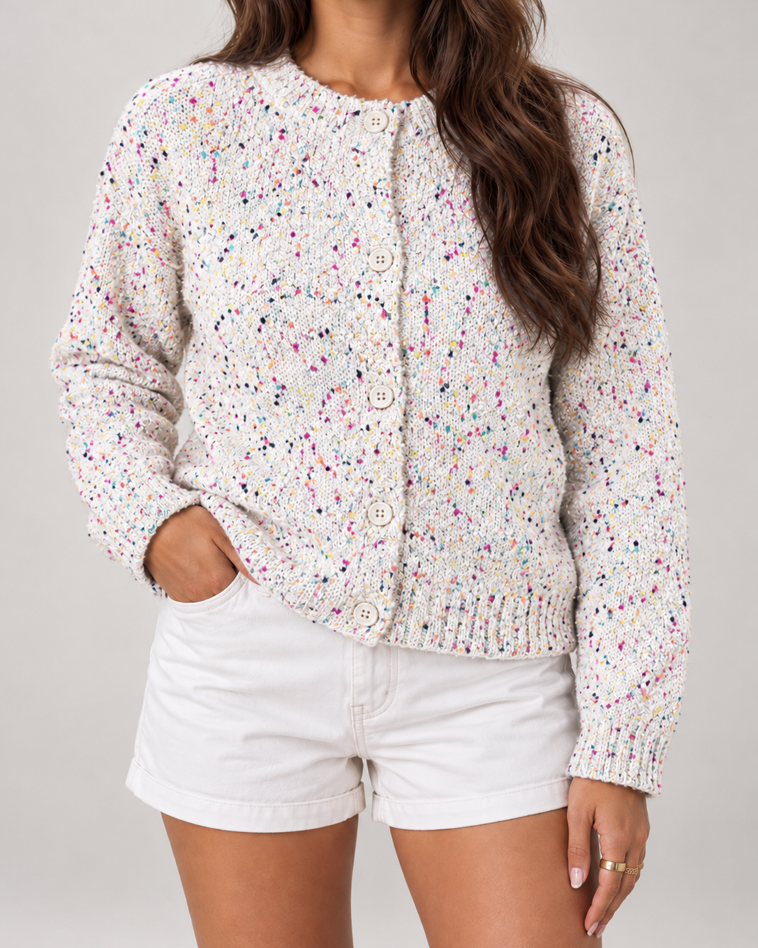 Cardigan Donna in Bouclé Puntinato Girocollo Maniche a Palloncino
