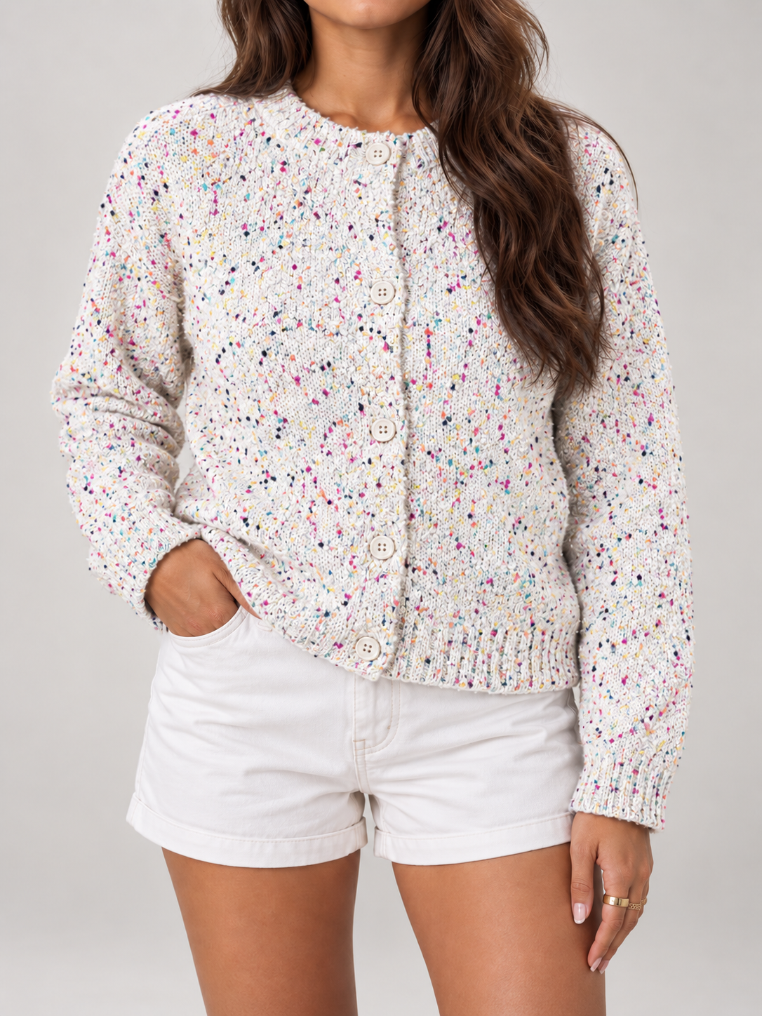 Cardigan Donna in Bouclé Puntinato Girocollo Maniche a Palloncino