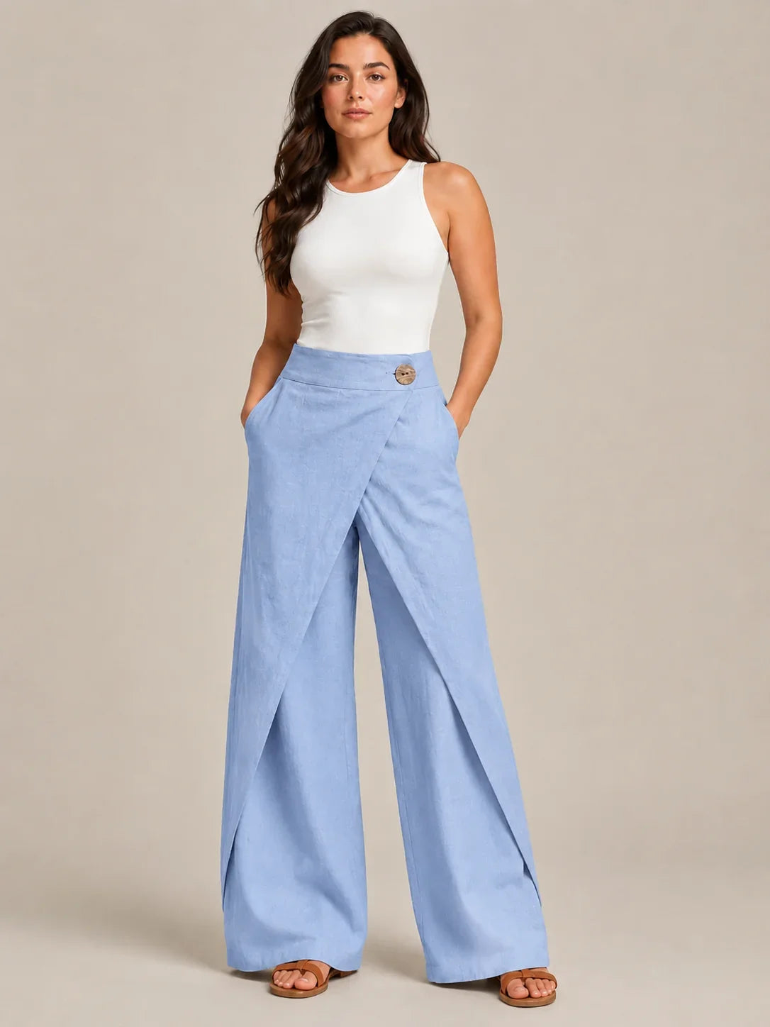 Pantaloni Donna in Cotone Gamba Dritta Vita Elastica