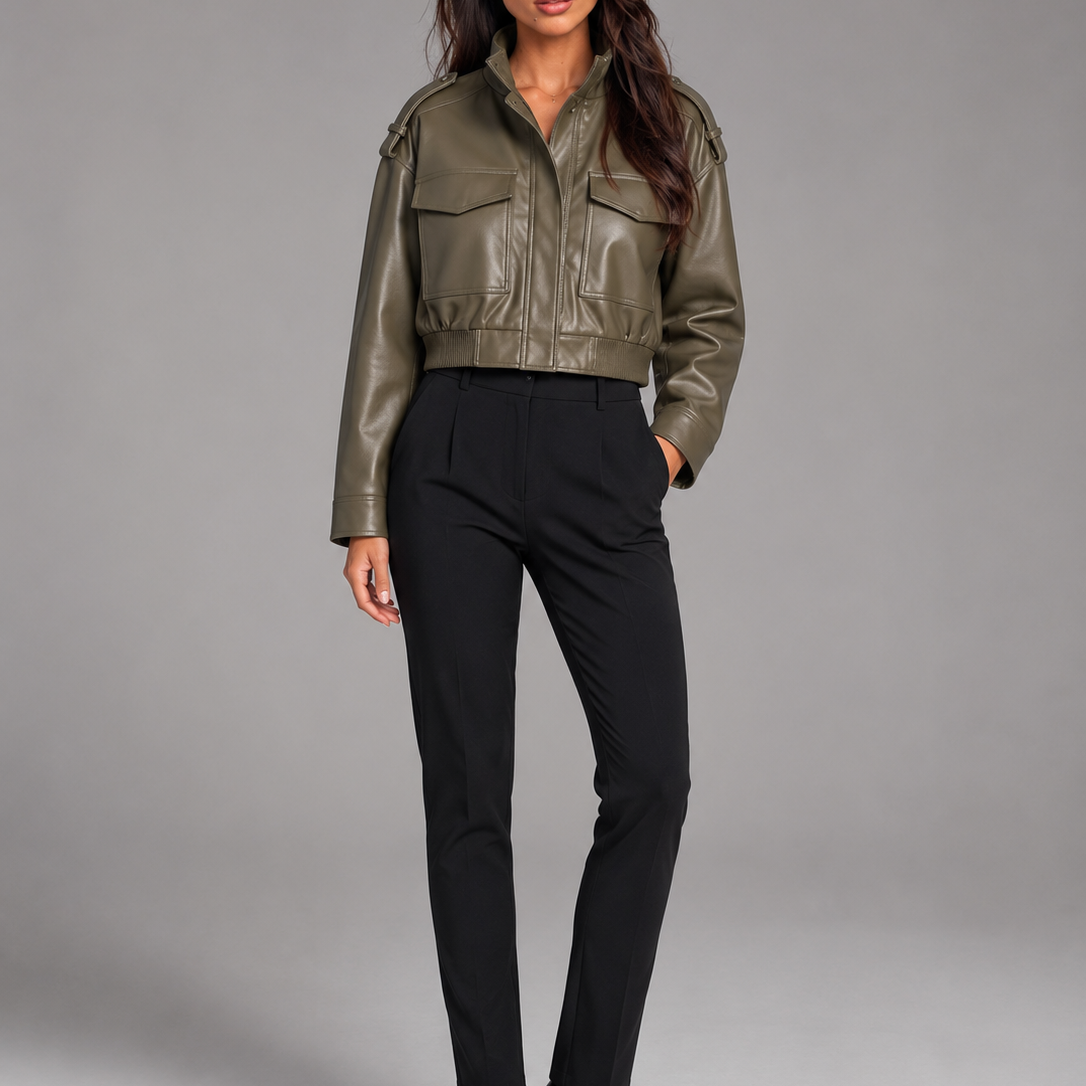 Giacca Donna Corta Utility Effetto Pelle Collo Mao