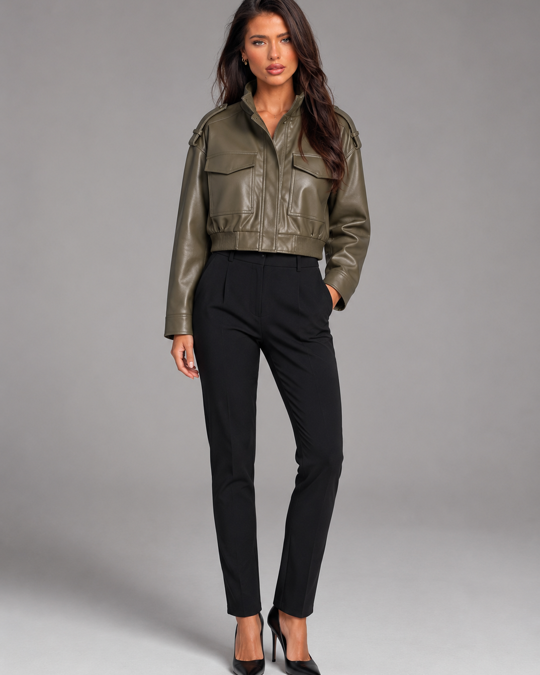 Giacca Donna Corta Utility Effetto Pelle Collo Mao