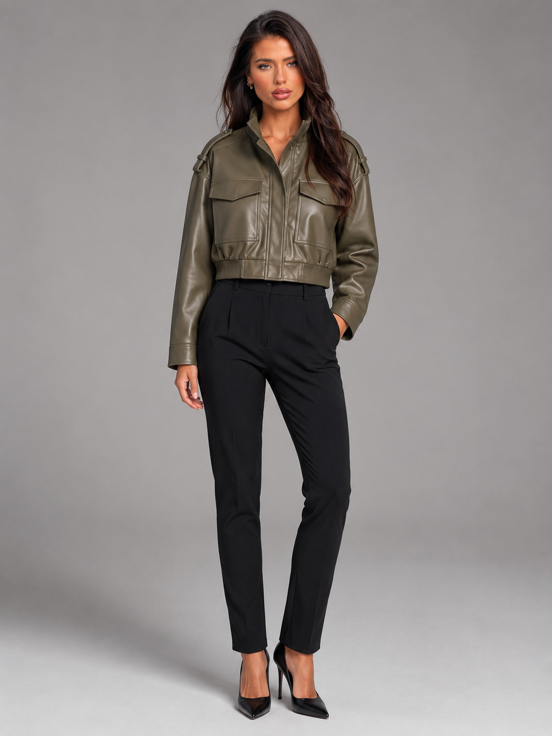 Giacca Donna Corta Utility Effetto Pelle Collo Mao