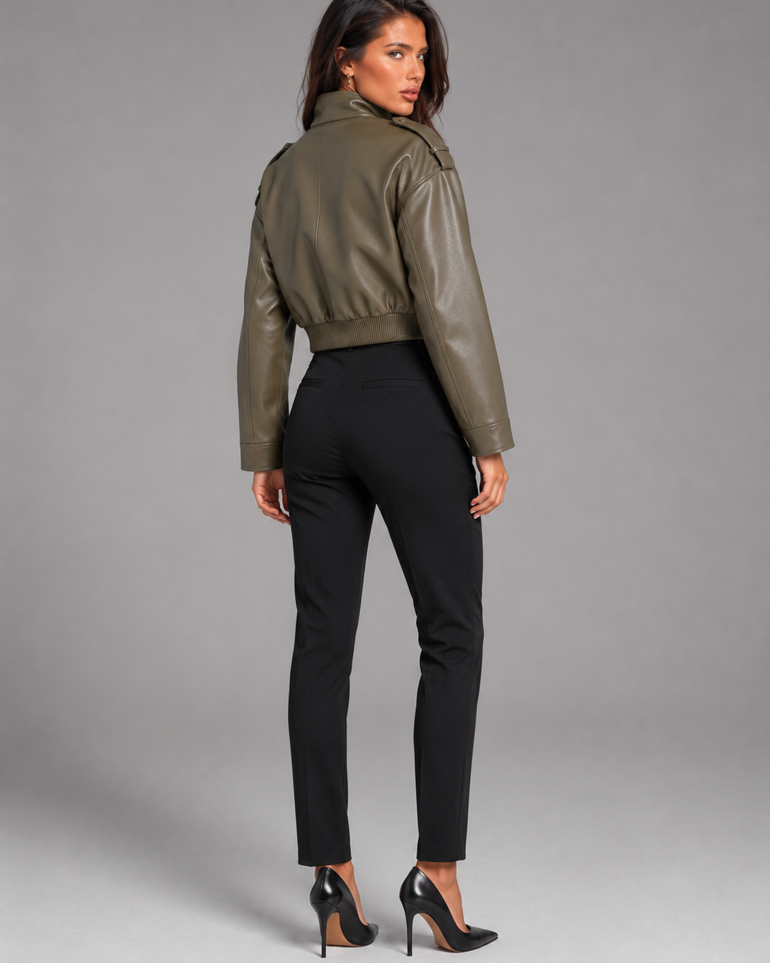 Giacca Donna Corta Utility Effetto Pelle Collo Mao