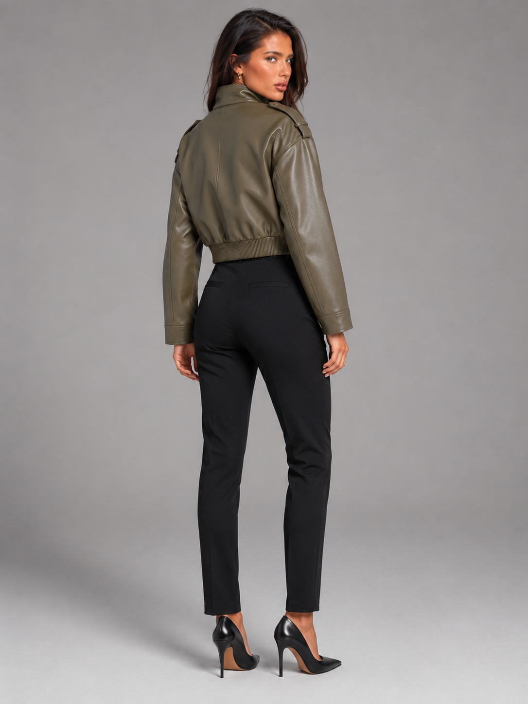 Giacca Donna Corta Utility Effetto Pelle Collo Mao