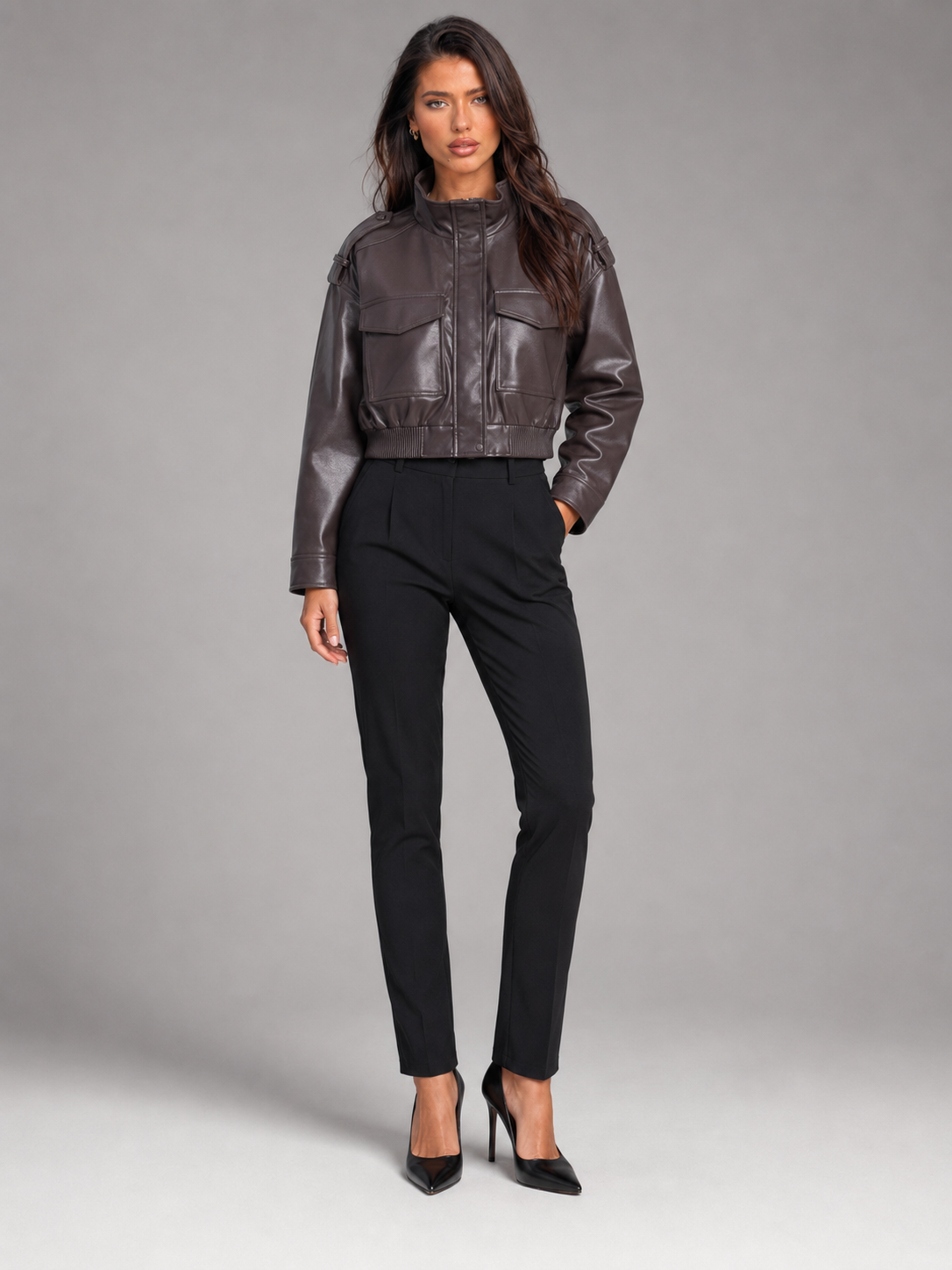 Giacca Donna Corta Utility Effetto Pelle Collo Mao