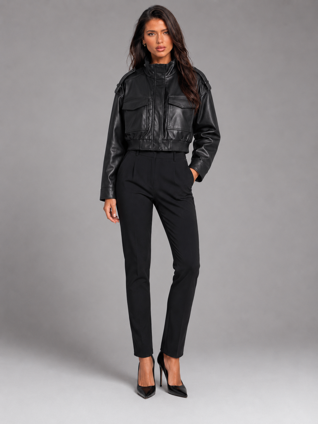 Giacca Donna Corta Utility Effetto Pelle Collo Mao