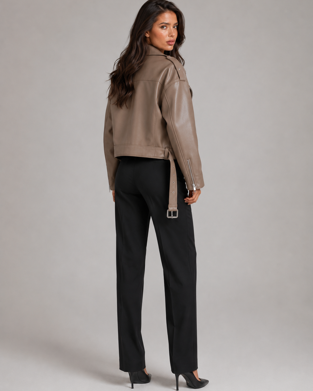 Giacca Biker Donna Oversize Effetto Pelle con Cintura
