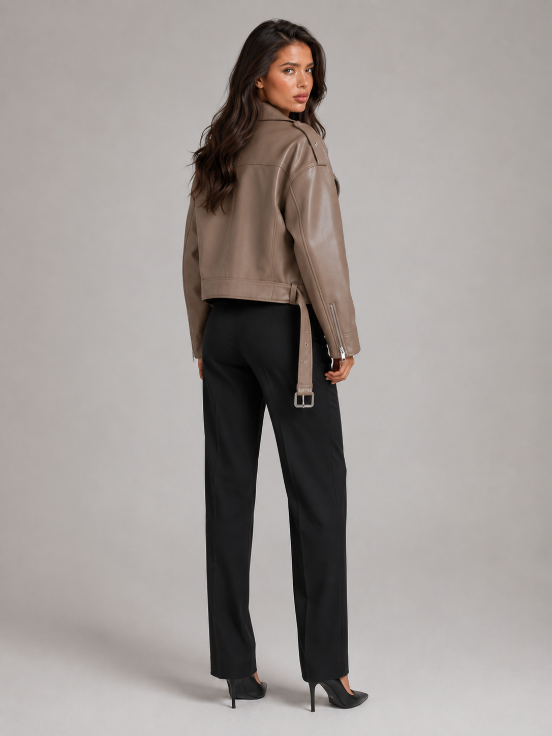 Giacca Biker Donna Oversize Effetto Pelle con Cintura