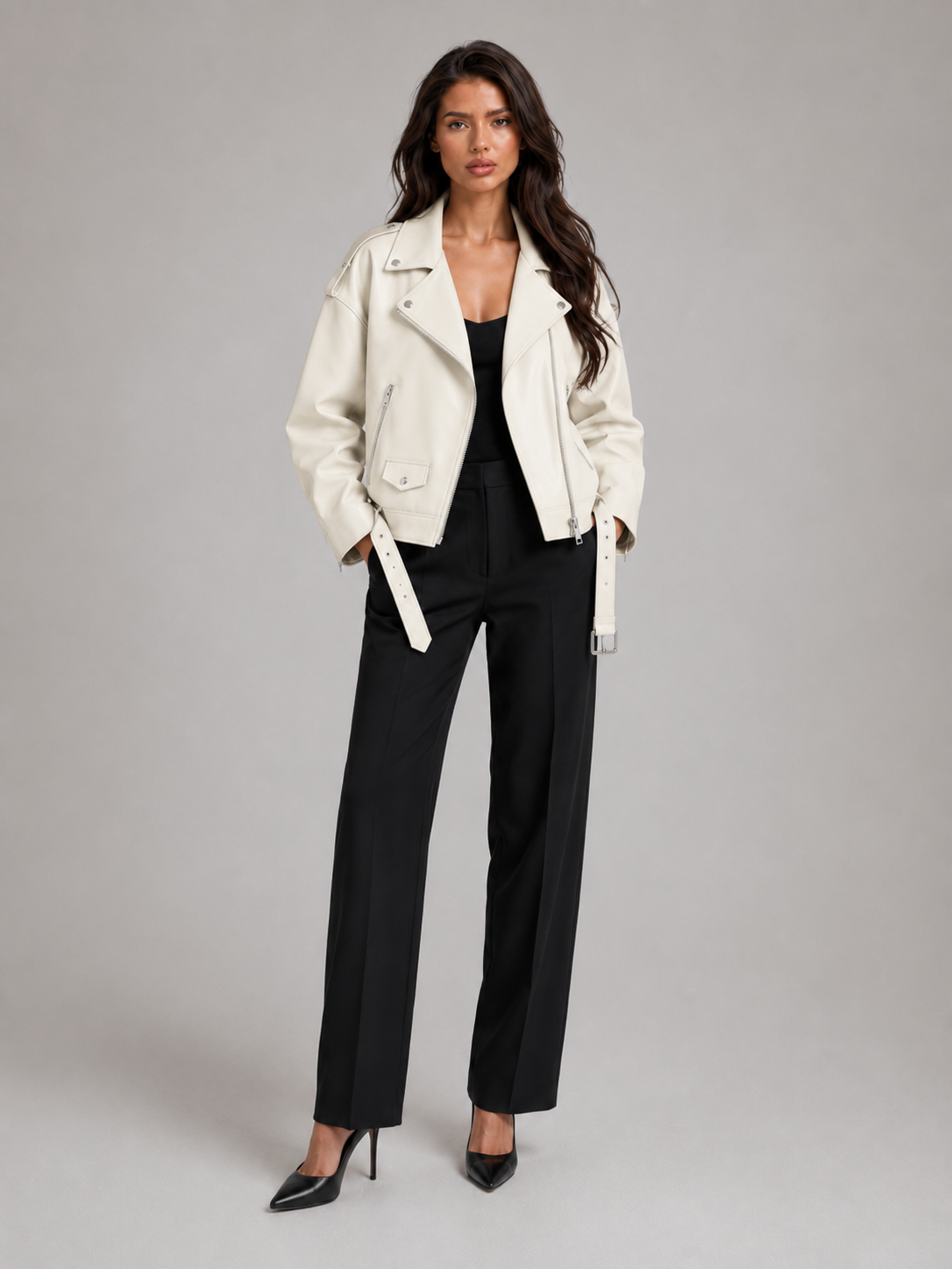 Giacca Biker Donna Oversize Effetto Pelle con Cintura