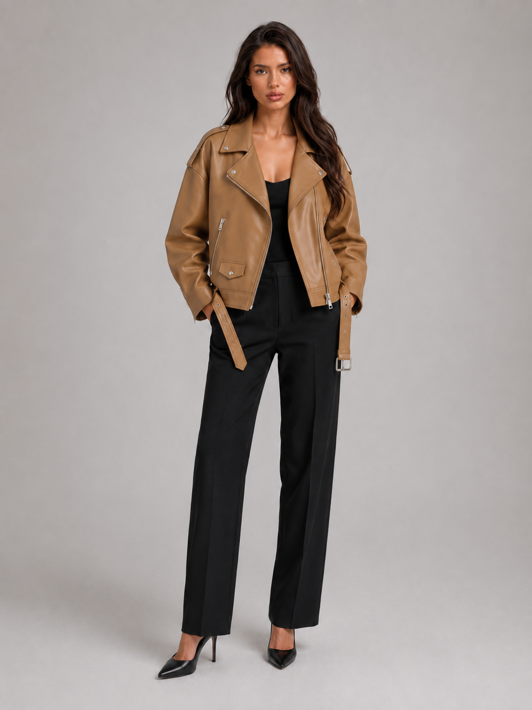 Giacca Biker Donna Oversize Effetto Pelle con Cintura