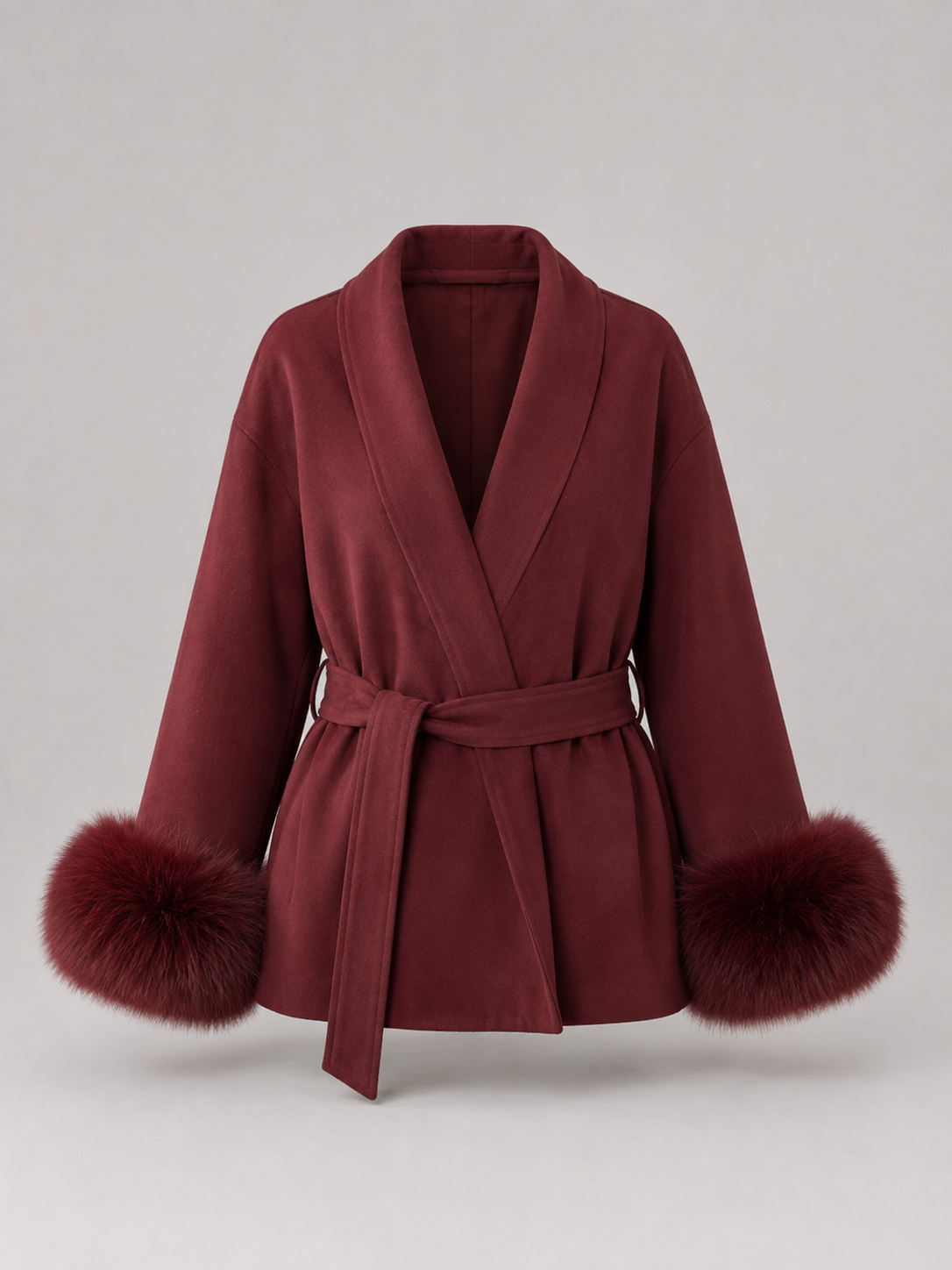 Cappotto Donna Corto con Cintura e Polsini in Pelliccia Sintetica
